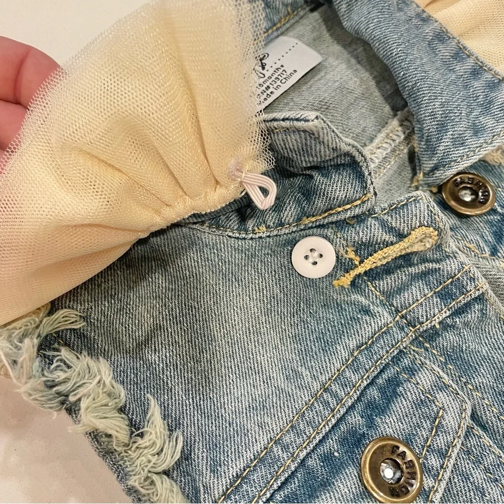 Distressed Denim Vest with Tulle Collar